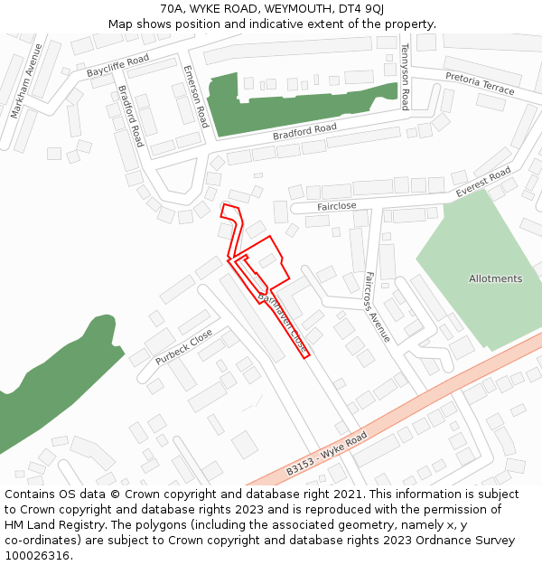 70A, WYKE ROAD, WEYMOUTH, DT4 9QJ: Location map and indicative extent of plot