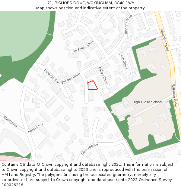 71, BISHOPS DRIVE, WOKINGHAM, RG40 1WA: Location map and indicative extent of plot