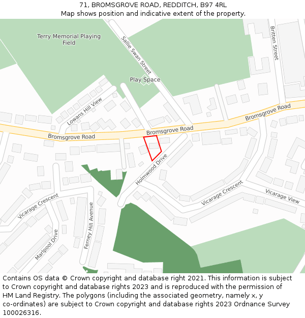 71, BROMSGROVE ROAD, REDDITCH, B97 4RL: Location map and indicative extent of plot