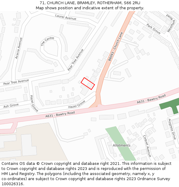 71, CHURCH LANE, BRAMLEY, ROTHERHAM, S66 2RU: Location map and indicative extent of plot