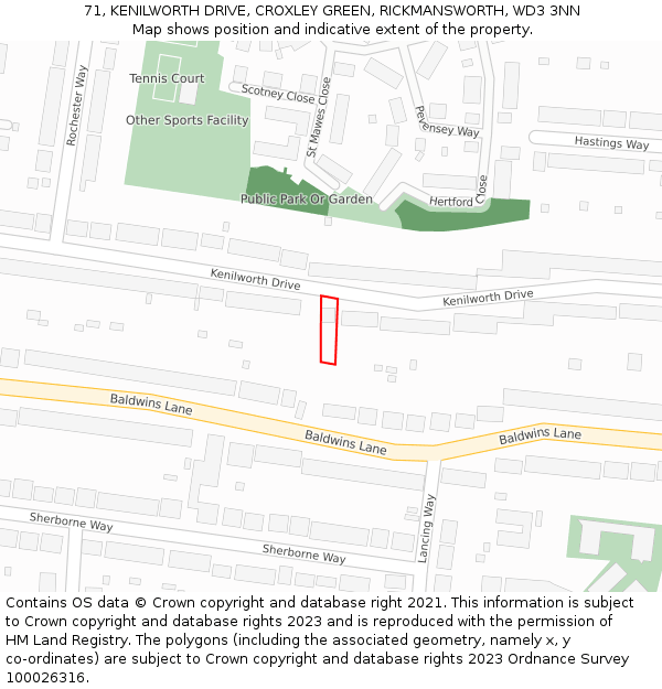 71, KENILWORTH DRIVE, CROXLEY GREEN, RICKMANSWORTH, WD3 3NN: Location map and indicative extent of plot