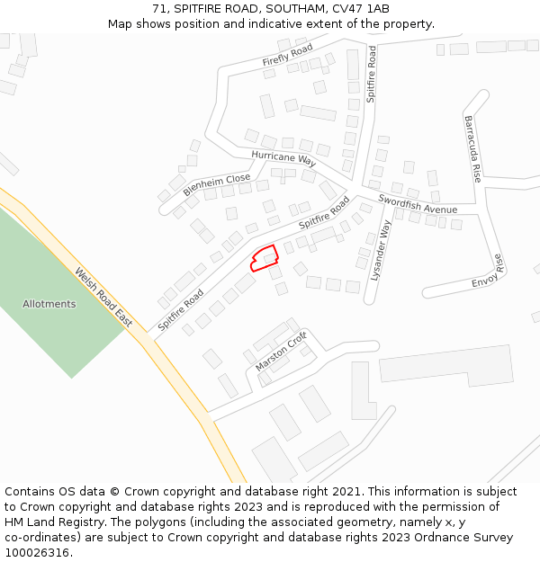 71, SPITFIRE ROAD, SOUTHAM, CV47 1AB: Location map and indicative extent of plot