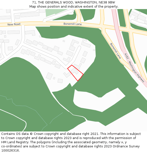 71, THE GENERALS WOOD, WASHINGTON, NE38 9BW: Location map and indicative extent of plot