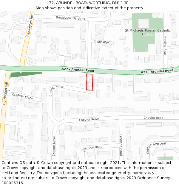 72, ARUNDEL ROAD, WORTHING, BN13 3EL: Location map and indicative extent of plot