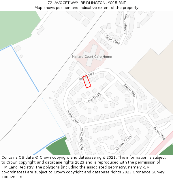 72, AVOCET WAY, BRIDLINGTON, YO15 3NT: Location map and indicative extent of plot