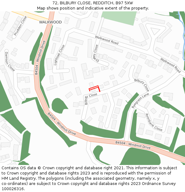 72, BILBURY CLOSE, REDDITCH, B97 5XW: Location map and indicative extent of plot