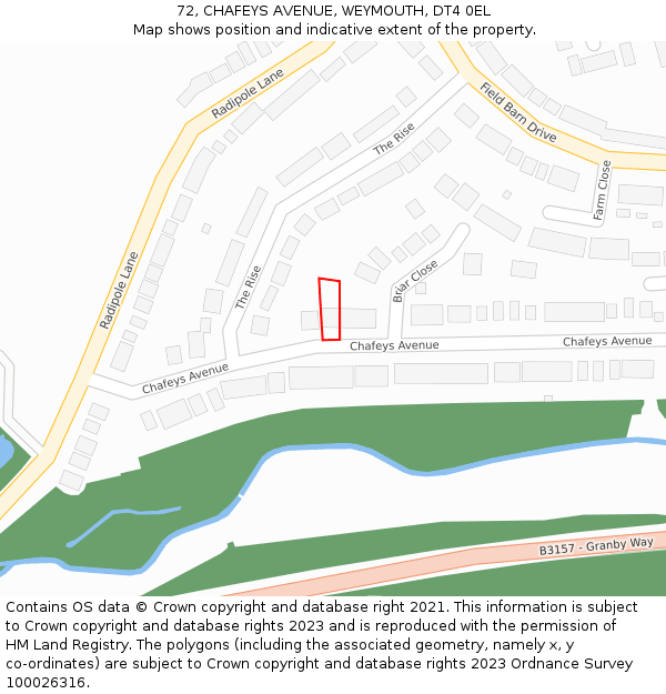 72, CHAFEYS AVENUE, WEYMOUTH, DT4 0EL: Location map and indicative extent of plot