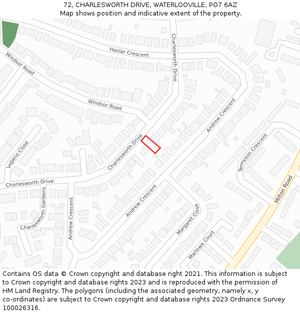 72, CHARLESWORTH DRIVE, WATERLOOVILLE, PO7 6AZ: Location map and indicative extent of plot