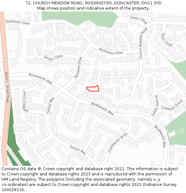 72, CHURCH MEADOW ROAD, ROSSINGTON, DONCASTER, DN11 0YD: Location map and indicative extent of plot