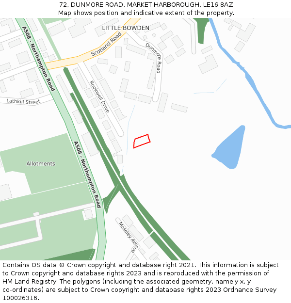 72, DUNMORE ROAD, MARKET HARBOROUGH, LE16 8AZ: Location map and indicative extent of plot