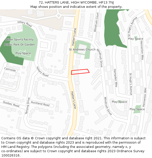 72, HATTERS LANE, HIGH WYCOMBE, HP13 7NJ: Location map and indicative extent of plot