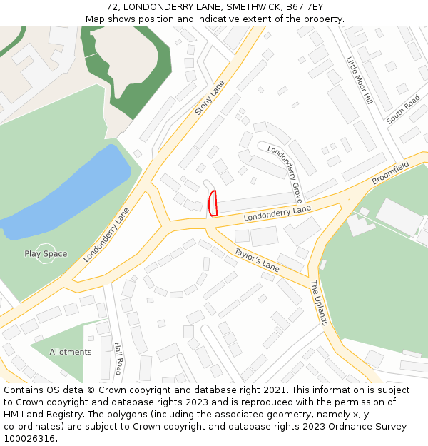 72, LONDONDERRY LANE, SMETHWICK, B67 7EY: Location map and indicative extent of plot