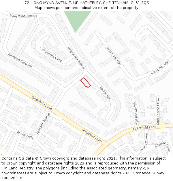 72, LONG MYND AVENUE, UP HATHERLEY, CHELTENHAM, GL51 3QS: Location map and indicative extent of plot