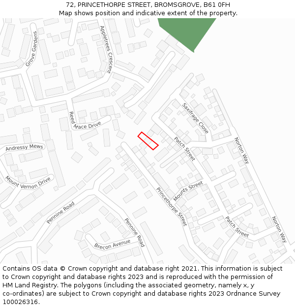72, PRINCETHORPE STREET, BROMSGROVE, B61 0FH: Location map and indicative extent of plot