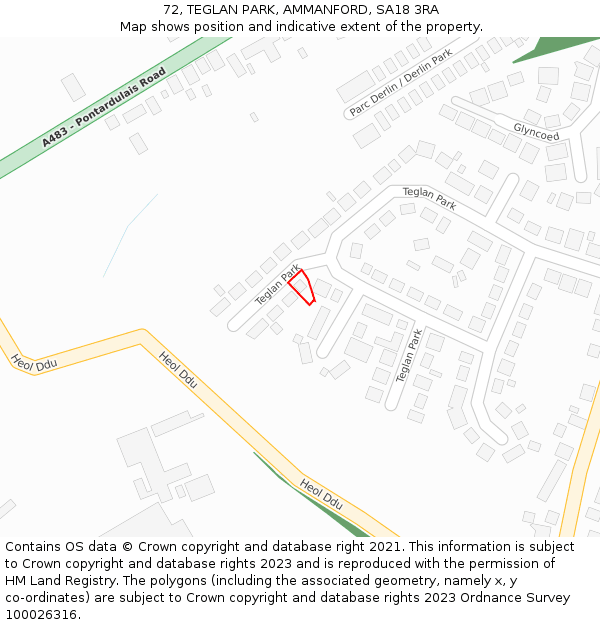 72, TEGLAN PARK, AMMANFORD, SA18 3RA: Location map and indicative extent of plot