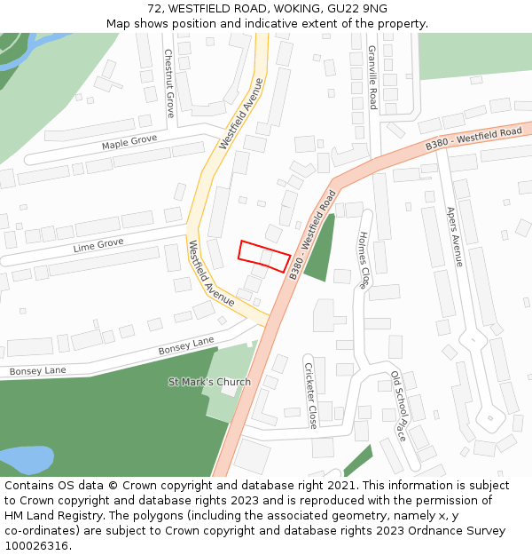 72, WESTFIELD ROAD, WOKING, GU22 9NG: Location map and indicative extent of plot