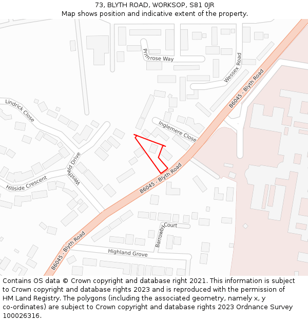73, BLYTH ROAD, WORKSOP, S81 0JR: Location map and indicative extent of plot