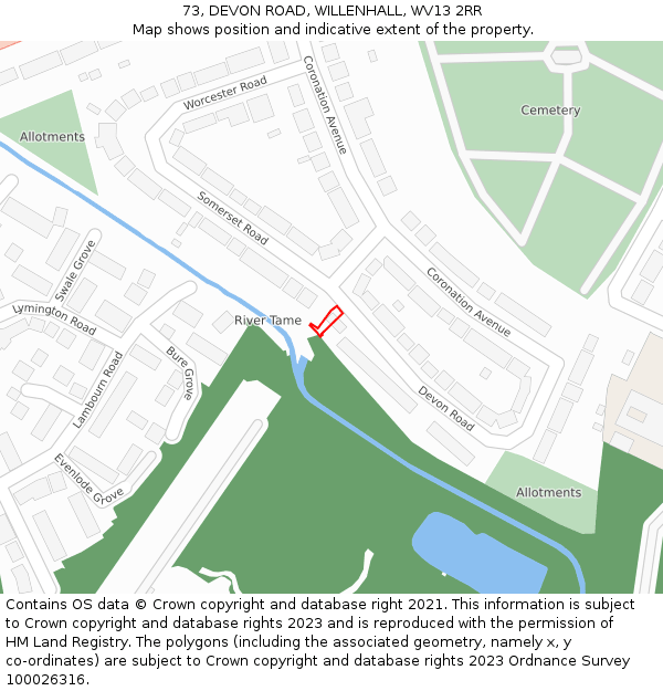 73, DEVON ROAD, WILLENHALL, WV13 2RR: Location map and indicative extent of plot