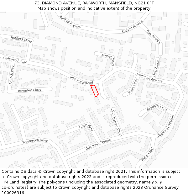 73, DIAMOND AVENUE, RAINWORTH, MANSFIELD, NG21 0FT: Location map and indicative extent of plot