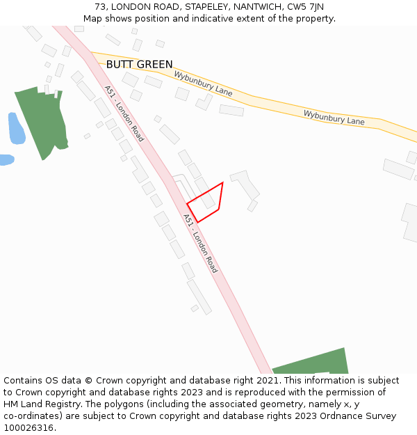 73, LONDON ROAD, STAPELEY, NANTWICH, CW5 7JN: Location map and indicative extent of plot