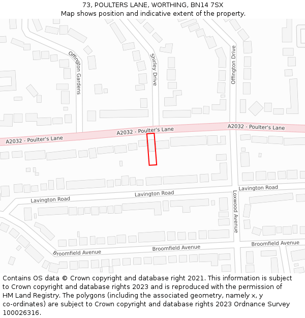 73, POULTERS LANE, WORTHING, BN14 7SX: Location map and indicative extent of plot