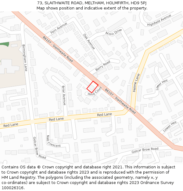 73, SLAITHWAITE ROAD, MELTHAM, HOLMFIRTH, HD9 5PJ: Location map and indicative extent of plot