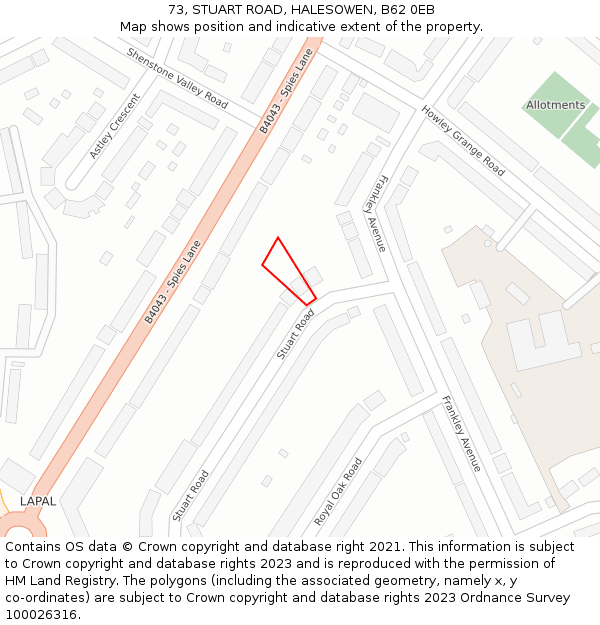 73, STUART ROAD, HALESOWEN, B62 0EB: Location map and indicative extent of plot