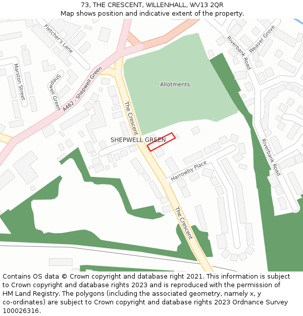 73, THE CRESCENT, WILLENHALL, WV13 2QR: Location map and indicative extent of plot