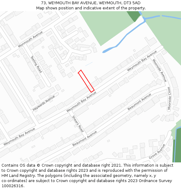 73, WEYMOUTH BAY AVENUE, WEYMOUTH, DT3 5AD: Location map and indicative extent of plot