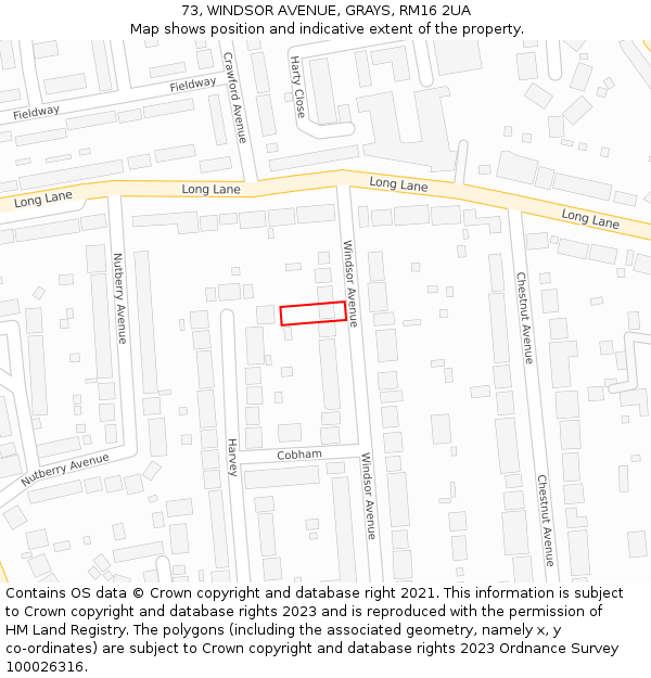 73, WINDSOR AVENUE, GRAYS, RM16 2UA: Location map and indicative extent of plot