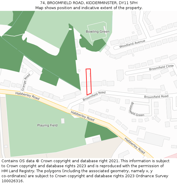 74, BROOMFIELD ROAD, KIDDERMINSTER, DY11 5PH: Location map and indicative extent of plot