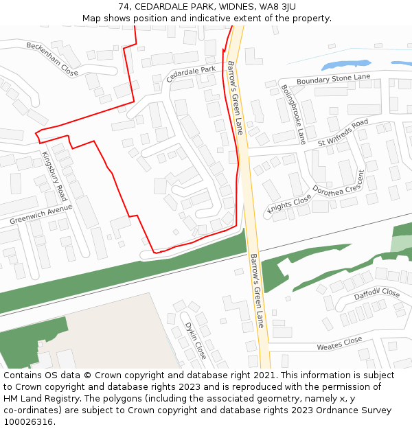 74, CEDARDALE PARK, WIDNES, WA8 3JU: Location map and indicative extent of plot