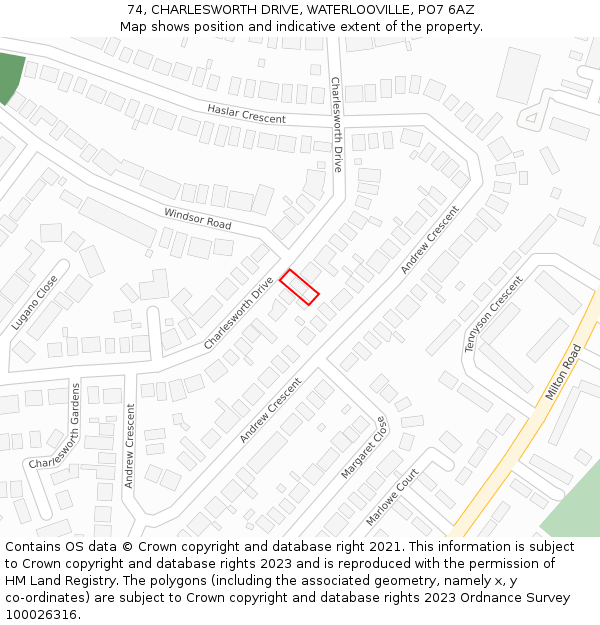 74, CHARLESWORTH DRIVE, WATERLOOVILLE, PO7 6AZ: Location map and indicative extent of plot