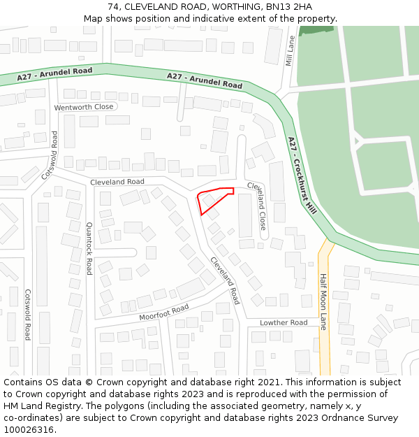 74, CLEVELAND ROAD, WORTHING, BN13 2HA: Location map and indicative extent of plot