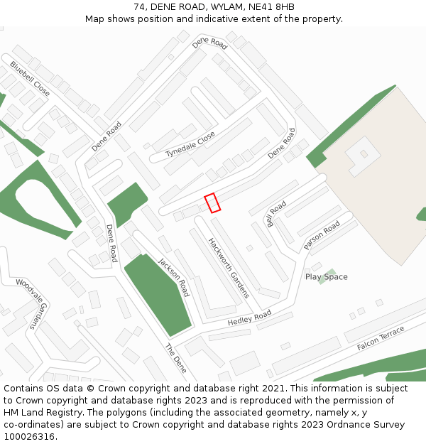 74, DENE ROAD, WYLAM, NE41 8HB: Location map and indicative extent of plot