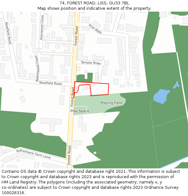 74, FOREST ROAD, LISS, GU33 7BL: Location map and indicative extent of plot