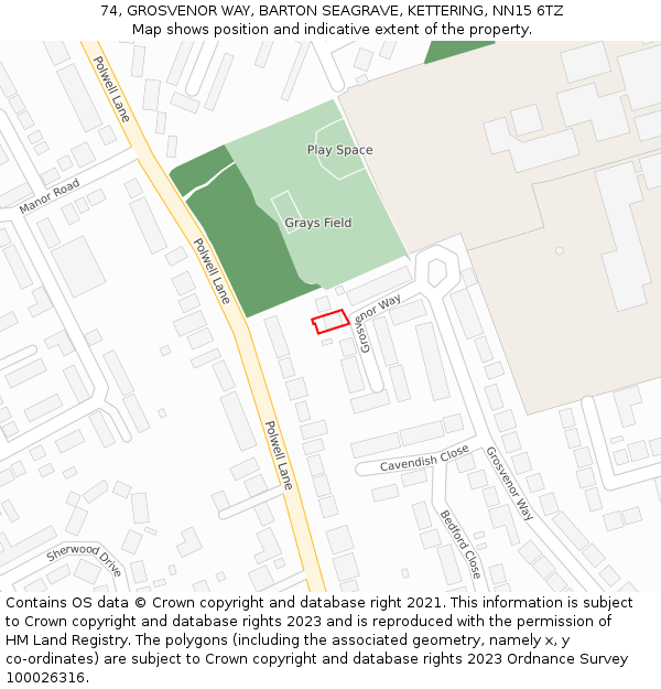 74, GROSVENOR WAY, BARTON SEAGRAVE, KETTERING, NN15 6TZ: Location map and indicative extent of plot