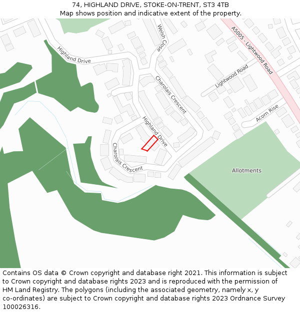 74, HIGHLAND DRIVE, STOKE-ON-TRENT, ST3 4TB: Location map and indicative extent of plot