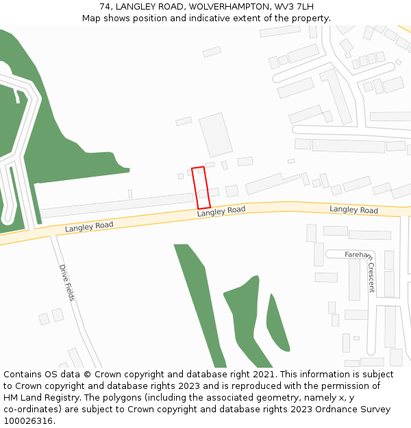 74, LANGLEY ROAD, WOLVERHAMPTON, WV3 7LH: Location map and indicative extent of plot