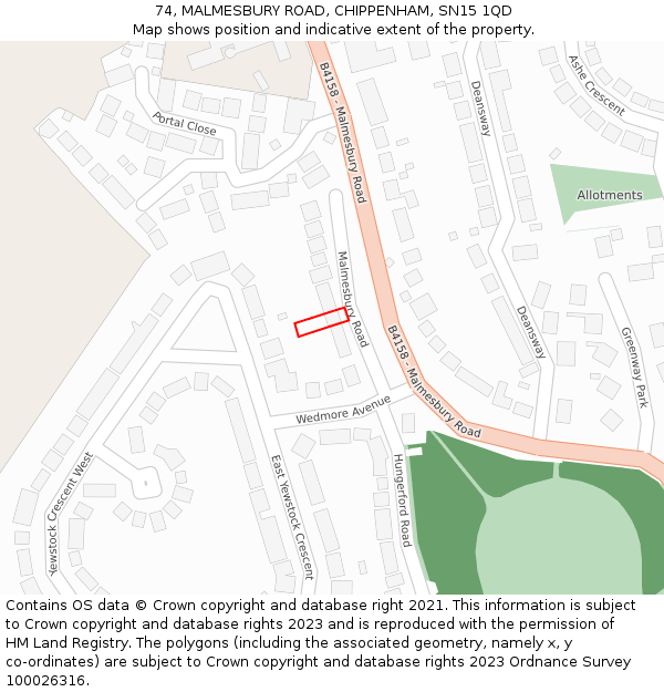 74, MALMESBURY ROAD, CHIPPENHAM, SN15 1QD: Location map and indicative extent of plot