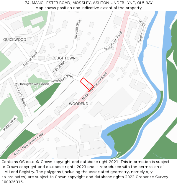 74, MANCHESTER ROAD, MOSSLEY, ASHTON-UNDER-LYNE, OL5 9AY: Location map and indicative extent of plot