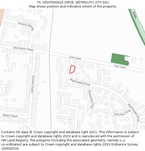 74, NIGHTINGALE DRIVE, WEYMOUTH, DT3 5SU: Location map and indicative extent of plot