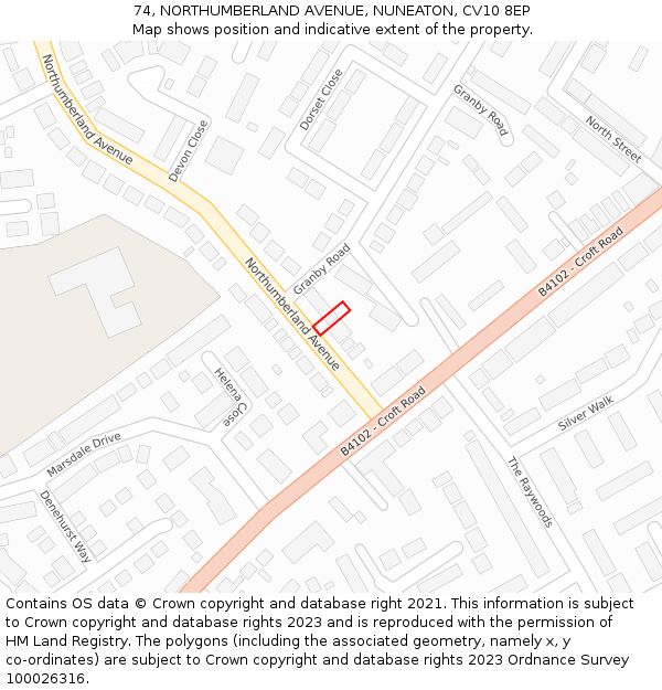 74, NORTHUMBERLAND AVENUE, NUNEATON, CV10 8EP: Location map and indicative extent of plot