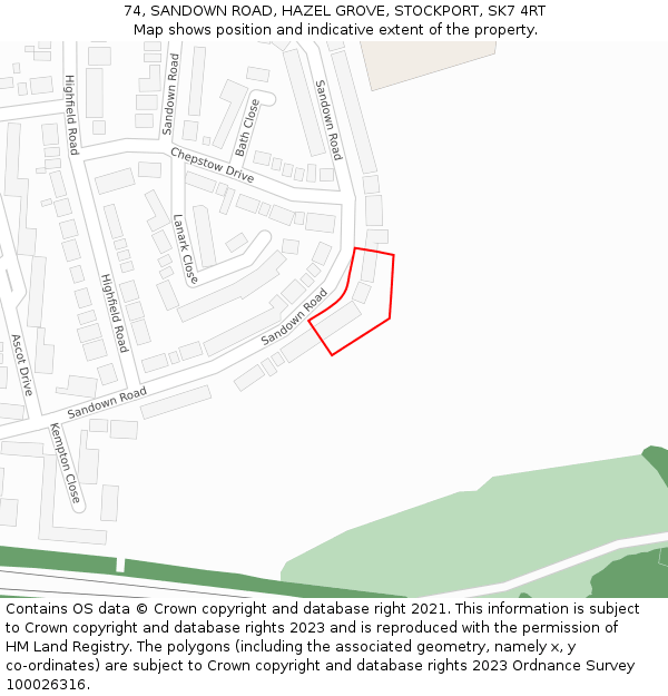 74, SANDOWN ROAD, HAZEL GROVE, STOCKPORT, SK7 4RT: Location map and indicative extent of plot