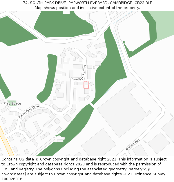 74, SOUTH PARK DRIVE, PAPWORTH EVERARD, CAMBRIDGE, CB23 3LF: Location map and indicative extent of plot