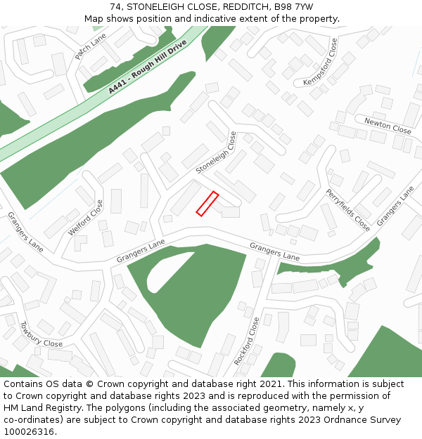 74, STONELEIGH CLOSE, REDDITCH, B98 7YW: Location map and indicative extent of plot