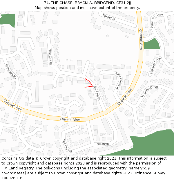 74, THE CHASE, BRACKLA, BRIDGEND, CF31 2JJ: Location map and indicative extent of plot