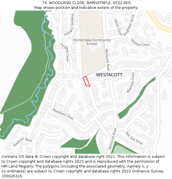 74, WOODLAND CLOSE, BARNSTAPLE, EX32 0EG: Location map and indicative extent of plot