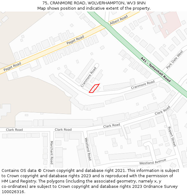 75, CRANMORE ROAD, WOLVERHAMPTON, WV3 9NN: Location map and indicative extent of plot