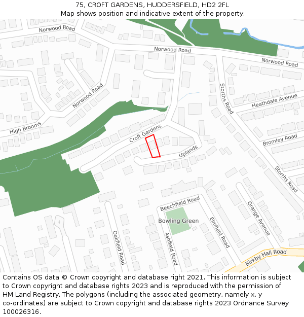 75, CROFT GARDENS, HUDDERSFIELD, HD2 2FL: Location map and indicative extent of plot